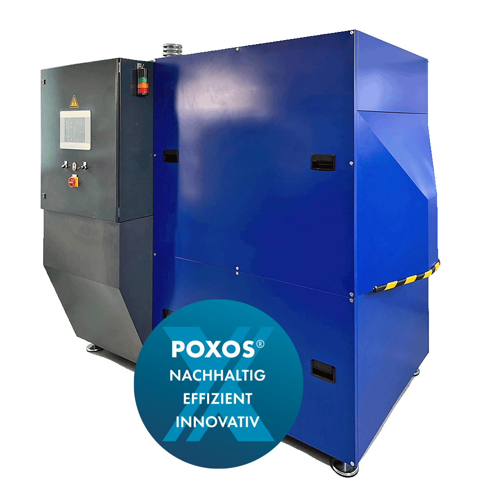POXYGEN®-Sauerstoffgeneratoren Blauer Prototyp eines Poxygen®-Sauerstoffgenerators mit Label „Nachhaltig, effizient, innovativ”